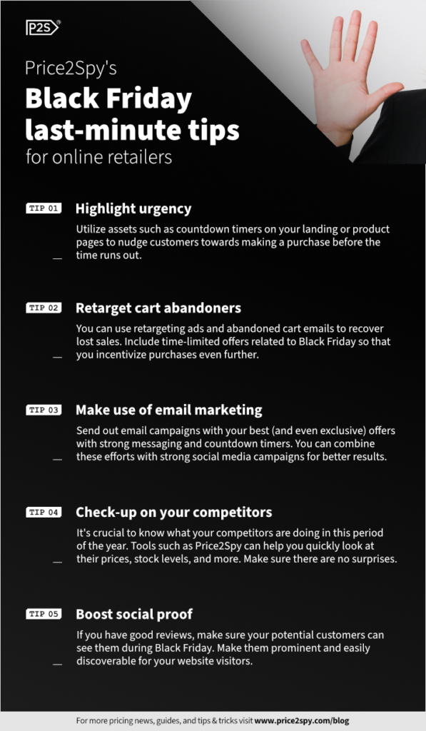 Five last-minute tips for online retailers. Tip 1: Highlight urgency. Tip 2: Retarget cart abandoners. Tip 3: Make use of email marketing. Tip 4: Check-up on your competitors. Tip 5: Boost social proof.